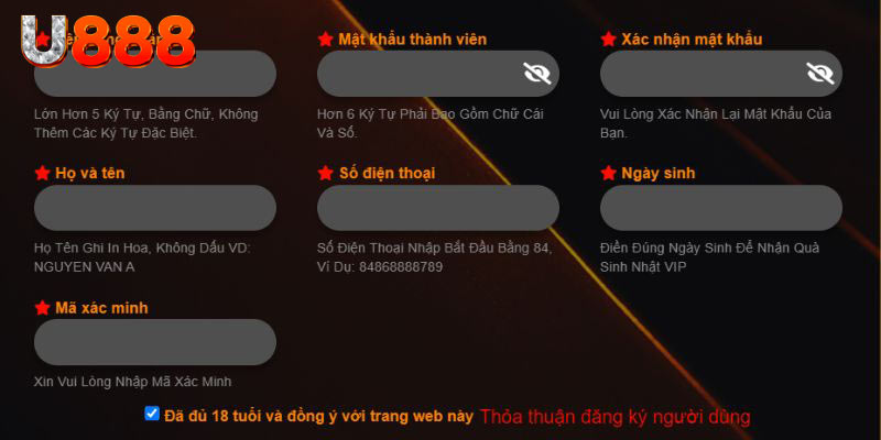 Điền đầy đủ cũng như chính xác mọi thông tin đăng ký U888